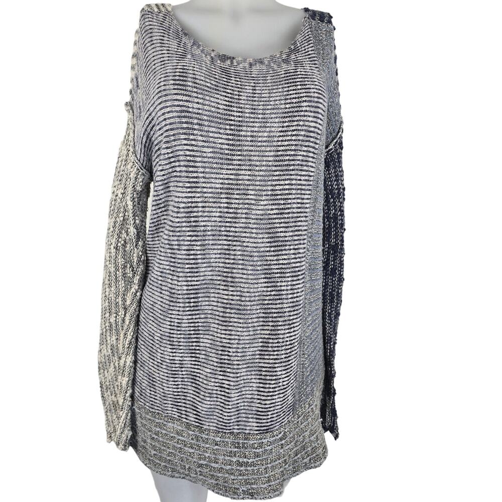 Soft Surroundings Gray Blue Winter Color Block Tight Knit Women's Sweater M